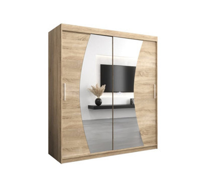 Wave Contemporary 2 Mirrored Sliding Door Wardrobe 9 Shelves 2 Rails Oak Sonoma Effect (H)2000mm (W)1800mm (D)620mm