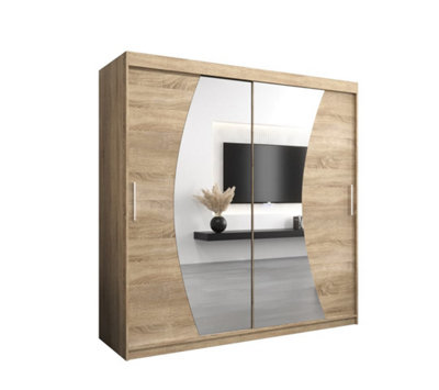 Wave Contemporary 2 Mirrored Sliding Door Wardrobe 9 Shelves 2 Rails Oak Sonoma Effect (H)2000mm (W)2000mm (D)620mm