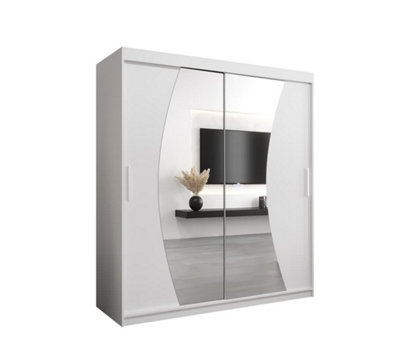 Wave Contemporary 2 Mirrored Sliding Door Wardrobe 9 Shelves 2 Rails White Matt (H)2000mm (W)1800mm (D)620mm