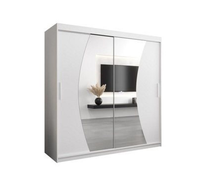 Wave Contemporary 2 Mirrored Sliding Door Wardrobe 9 Shelves 2 Rails White Matt (H)2000mm (W)2000mm (D)620mm