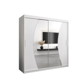 Wave Contemporary 2 Mirrored Sliding Door Wardrobe 9 Shelves 2 Rails White Matt (H)2000mm (W)2000mm (D)620mm