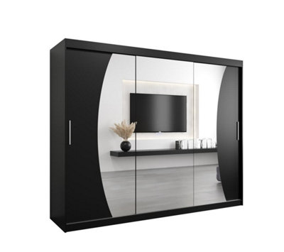 Wave Contemporary 3 Mirrored Sliding Door Wardrobe 9 Shelves 2 Rails Black Matt (H)2000mm (W)2500mm (D)620mm