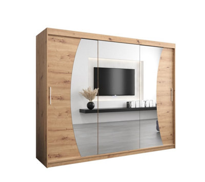 Wave Contemporary 3 Mirrored Sliding Door Wardrobe 9 Shelves 2 Rails Oak Artisan Effect (H)2000mm (W)2500mm (D)620mm