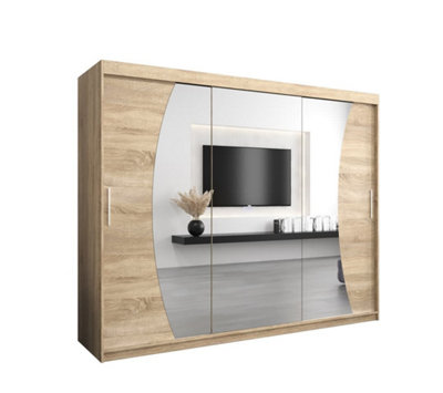 Wave Contemporary 3 Mirrored Sliding Door Wardrobe 9 Shelves 2 Rails Oak Sonoma Effect (H)2000mm (W)2500mm (D)620mm