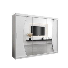 Wave Contemporary 3 Mirrored Sliding Door Wardrobe 9 Shelves 2 Rails White Matt (H)2000mm (W)2500mm (D)620mm