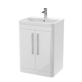 Wave Floor Standing 2 Door Vanity Basin Unit with Polymarble Basin - 600mm - Gloss White