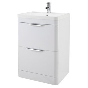 Wave Floor Standing 2 Drawer Vanity Unit with Polymarble Basin - 600mm - Gloss White - Balterley
