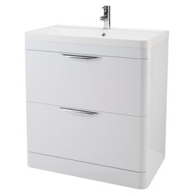Wave Floor Standing 2 Drawer Vanity Unit with Polymarble Basin - 800mm - Gloss White - Balterley
