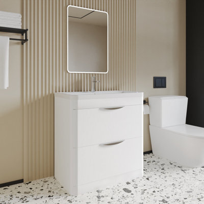 Wave Floor Standing 2 Drawer Vanity Unit with Polymarble Basin - 800mm - Gloss White - Balterley