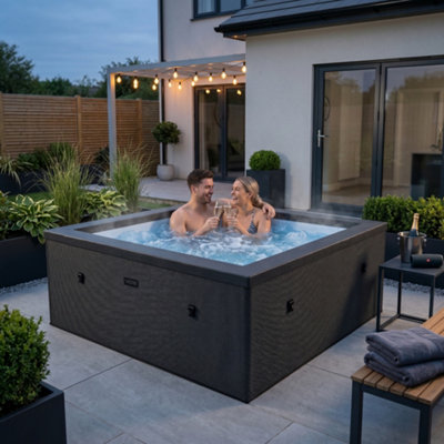 Wave Garda 4-Person Square Rigid Eco Foam Hot Tub & Spa Bundle, 70-Jet Massage System, Thermal Cover & Foam Mat - Charcoal Black