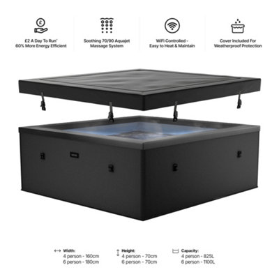 Wave Garda 4-Person Square Rigid Eco Foam Hot Tub & Spa Bundle, 70-Jet Massage System, Thermal Cover & Foam Mat - Charcoal Black