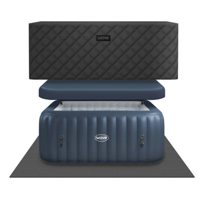 Wave Pacific Energy-Efficient Hot Tub Bundle - 4-Person Inflatable Spa with Thermal Cover & Insulated Foam Mat - Navy