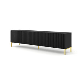 Wave TV Cabinet in Black Matte - Exquisite and Contemporary Entertainment Centre with Gold Metal Legs (W2000mm x H560mm x D420mm)
