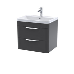 Wave Wall Hung 2 Drawer Vanity Basin Unit with Polymarble Basin - 600mm - Satin Anthracite