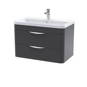 Wave Wall Hung 2 Drawer Vanity Basin Unit with Polymarble Basin - 800mm - Satin Anthracite