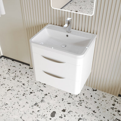 Wave Wall Hung 2 Drawer Vanity Unit with Ceramic Basin - 600mm - Gloss White - Balterley