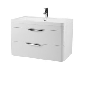 Wave Wall Hung 2 Drawer Vanity Unit with Ceramic Basin - 800mm - Gloss White - Balterley
