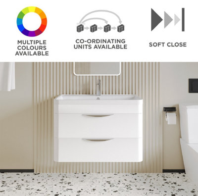 Wave Wall Hung 2 Drawer Vanity Unit with Ceramic Basin - 800mm - Gloss White - Balterley