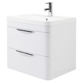Wave Wall Hung 2 Drawer Vanity Unit with Polymarble Basin - 600mm - Gloss White - Balterley