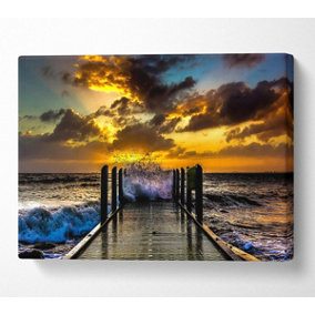 Waves Crashing On The Pier At Sunset Canvas Print Wall Art - Medium 20 x 32 Inches