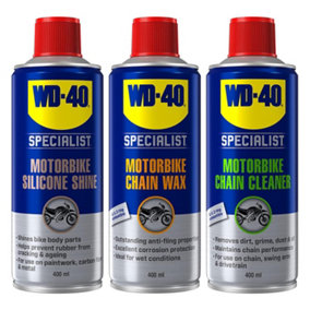 WD-40 Motorcycle Trio Bundle of Chain Wax, Chain Cleaner, and Silicone Shine