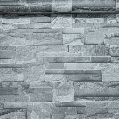 WD Thorn Slate Charcoal Grey Realistic Textured Stone Brick Wall Vinyl Wallpaper