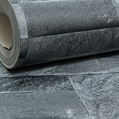 WD Thorn Slate Charcoal Grey Realistic Textured Stone Brick Wall Vinyl Wallpaper