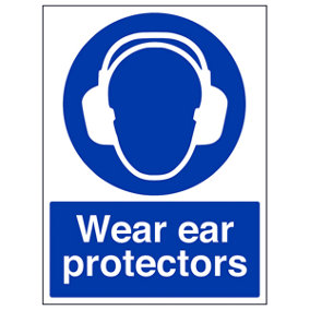 Wear Ear Protectors Mandatory PPE Sign - Adhesive Vinyl - 150x200mm (x3)