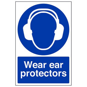 Wear Ear Protectors Mandatory PPE Sign - Adhesive Vinyl - 200x300mm (x3)