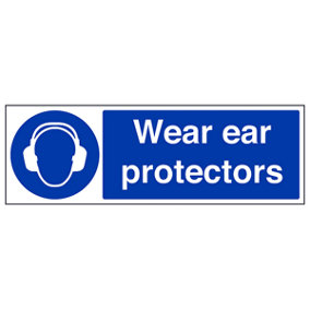 Wear Ear Protectors PPE Safety Sign - Rigid Plastic - 450x150mm (x3)