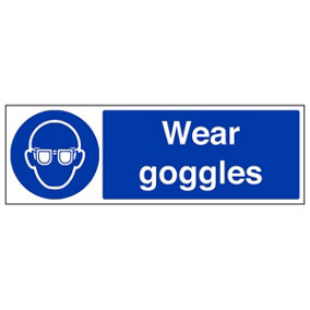 Wear Goggles Mandatory PPE Safety Sign - Adhesive Vinyl 450x150mm (x3)