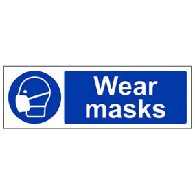 Wear Masks Mandatory PPE Safety Sign - Adhesive Vinyl - 300x100mm (x3)