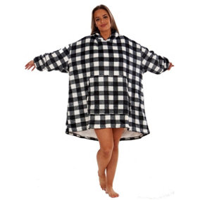 Wearable Hooded Fleece Blanket - Black Check, Adult