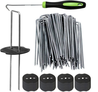 Weed Control Mat Membrane Pegs + Buffer Washer Pegs U-Shaped Galvanised Pins 100 Set