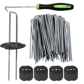 Weed Control Mat Membrane Pegs + Buffer Washer Pegs U-Shaped Galvanised Pins 100 Set