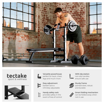 Weight Bench - foldable height-adjustable rack, faux leather cover, dip ...