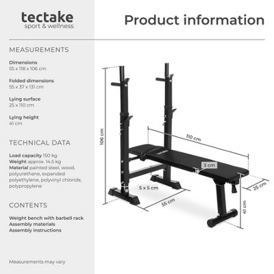 Weight Bench - foldable height-adjustable rack, faux leather cover, dip ...