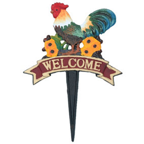 Welcome Cockerel Chicken Grass Cast Iron Sign Plaque Garden Park Lawn Yard