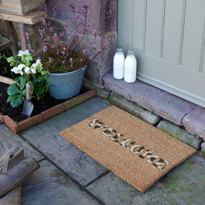 Welcome Cow Print Natural Coir Doormat with Non-Slip Backing 60x40cm