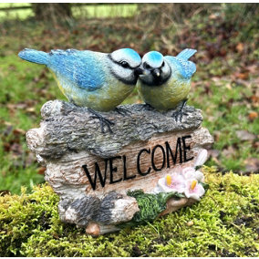 WELCOME sign ornament with BlueTits on old log, garden bird lover gift