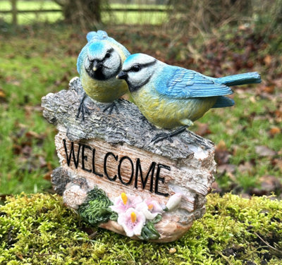 WELCOME sign ornament with BlueTits on old log, garden bird lover gift
