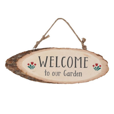 Shop Welcome to our Garden Log Slice Hanging Sign. H10.5 x W26.8 cm