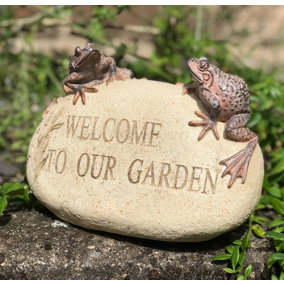 WELCOME TO OUR GARDEN sign with Frogs garden or pond ornament