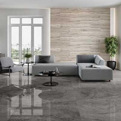 Wembley Polished Stone Effect Porcelain Tile 30 x 60cm / Ash