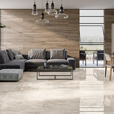 Wembley Polished Stone Effect Porcelain Tile 30 x 60cm / Ivory DIY at B&Q