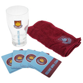 West Ham FC Official Wordmark Mini Football Bar Set (Pint Gl, Towel & Mats) Claret/Blue/Clear (One Size)
