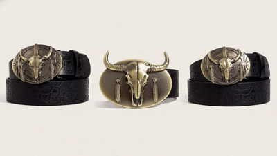 Boucle De Ceinture Américaine Vintage Tête De Boeuf - Cuir Sur Fond Zinc/aluminium - Made In USA