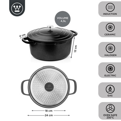 Westinghouse Performance Series Casserole Dish with Lid - 24cm Hob to Oven Cooking Pots - Lightweight Cast Aluminium - Black