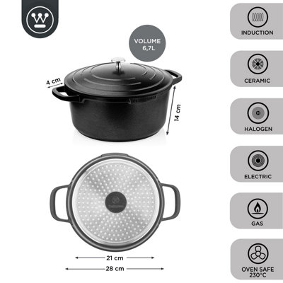 Westinghouse Performance Series Casserole Dish with Lid - 28cm Hob to Oven Cooking Pots - Lightweight Cast Aluminium - Black