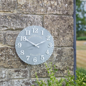 Westminster Indoor or Outdoor Wall Clock - Battery Powered Weather Resistant Home or Garden Quartz Clock - Grey, 30cm Diameter